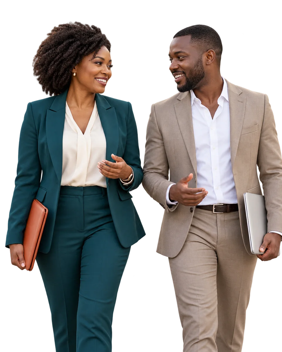 Two advocates walking together, smiling in conversation, carrying a case folder and a laptop