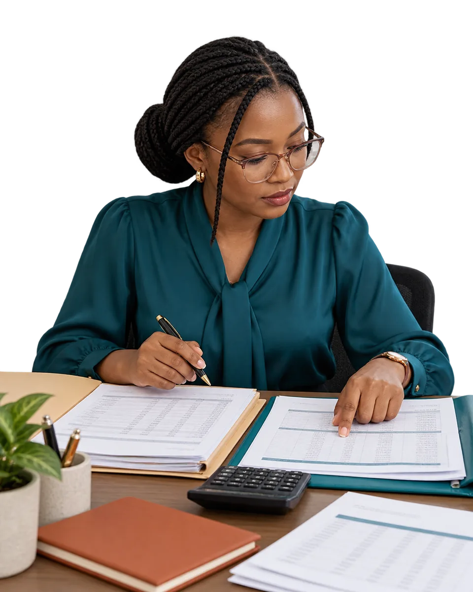 A firm accountant checking separate ledgers against a statement