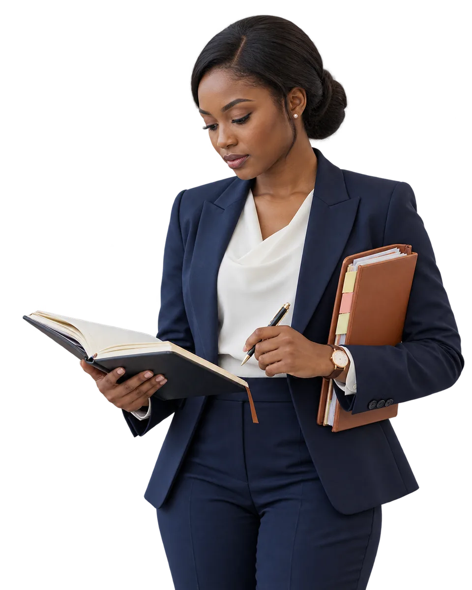 An advocate checking her hearing diary with a tabbed case folder at hand