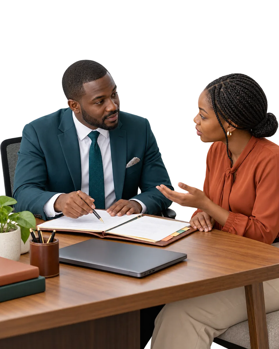 An advocate listening to a client while reviewing their matter file together