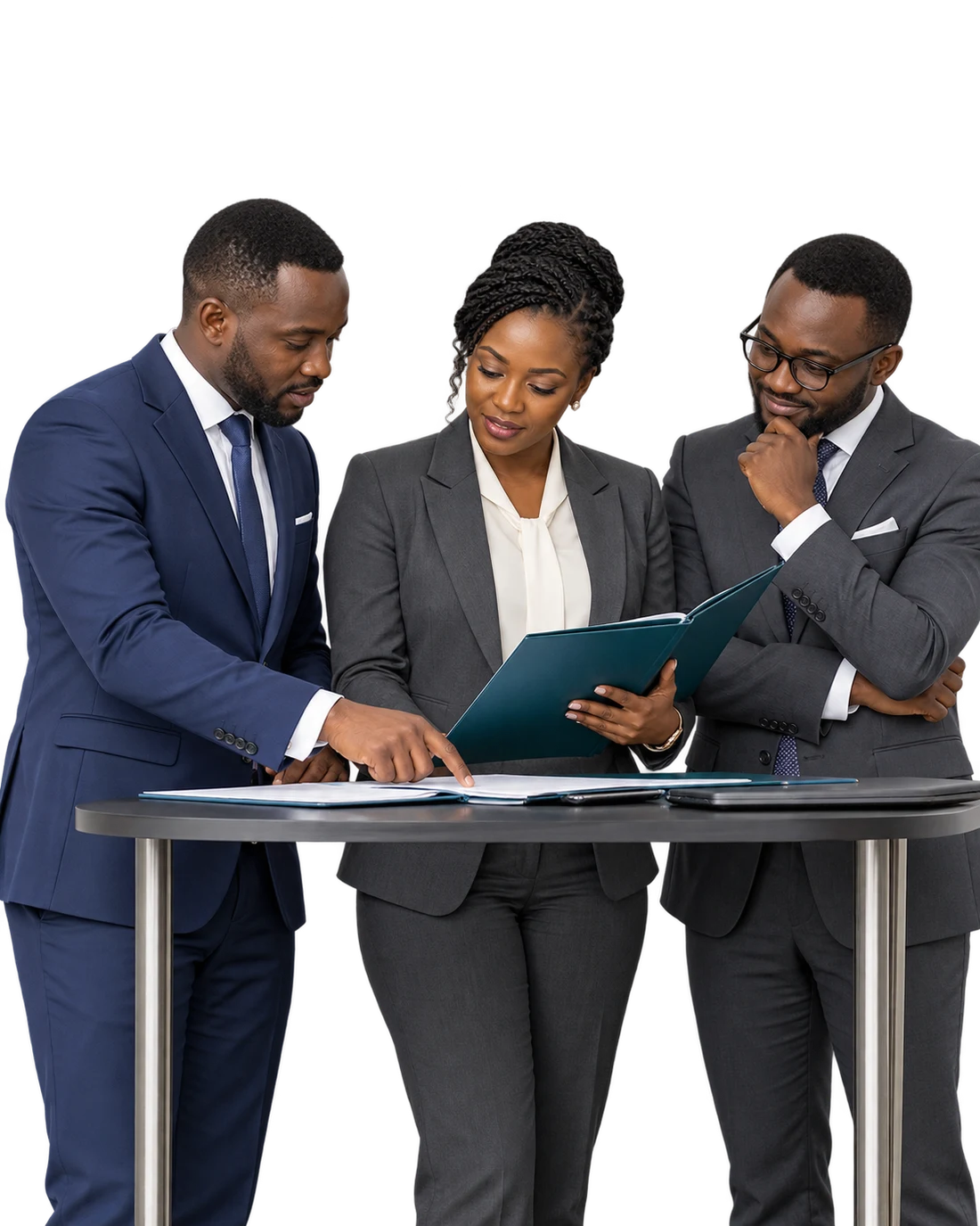 Three fictional East African lawyers reviewing a case file together, created for KesiHub
